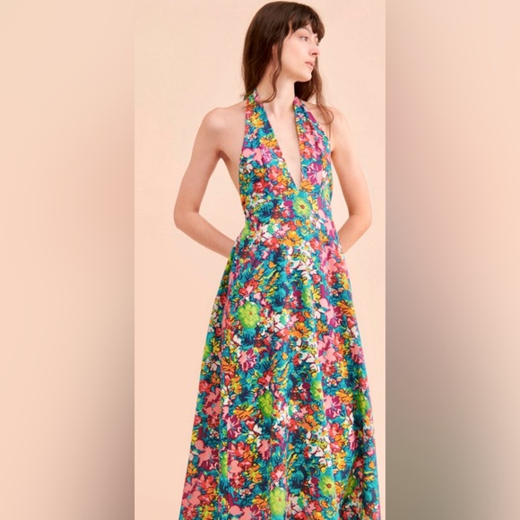 Free People Nouveau Tropic Plunging Halter Neck Linen Blend Bare Back Maxi ZB2 - Picture 1 of 13